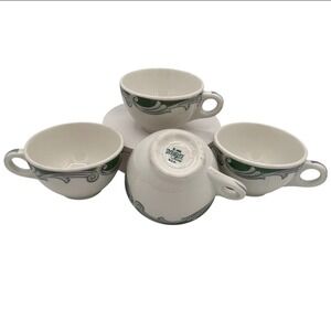 Syracuse China Green Scroll Bouillon Cups Set of 4 Vintage Art Deco‎ Hotel Ware